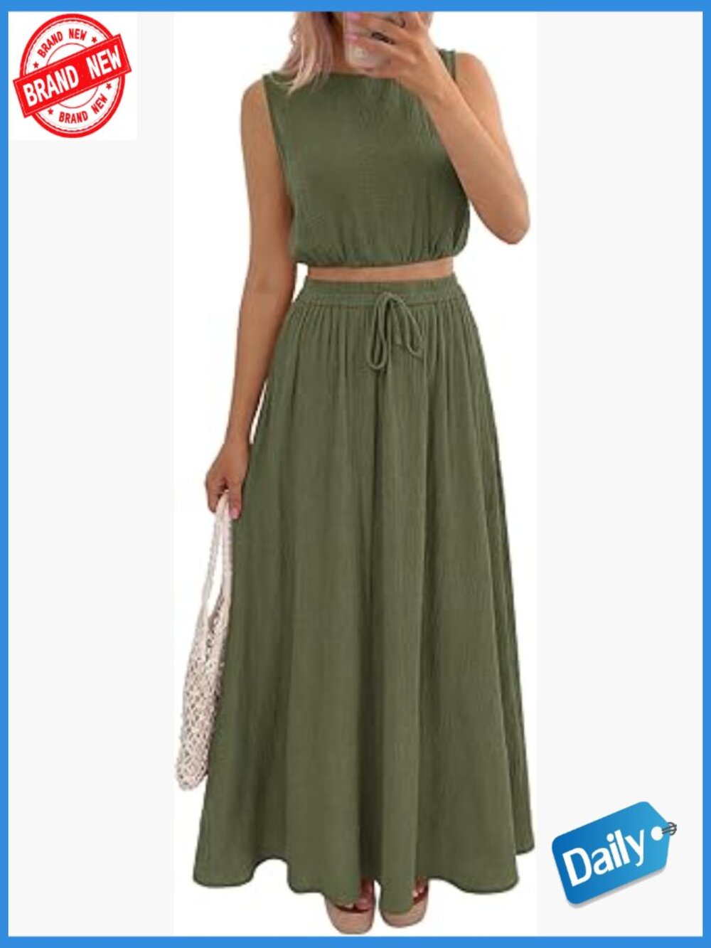 2 Piece Cotton Crop Top & Maxi Skirt Set with Pockets